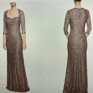 La Femme Lace Trumpet Gown Cocoa Color 3/4 Sleeves Queen Ann Neckline Size 18